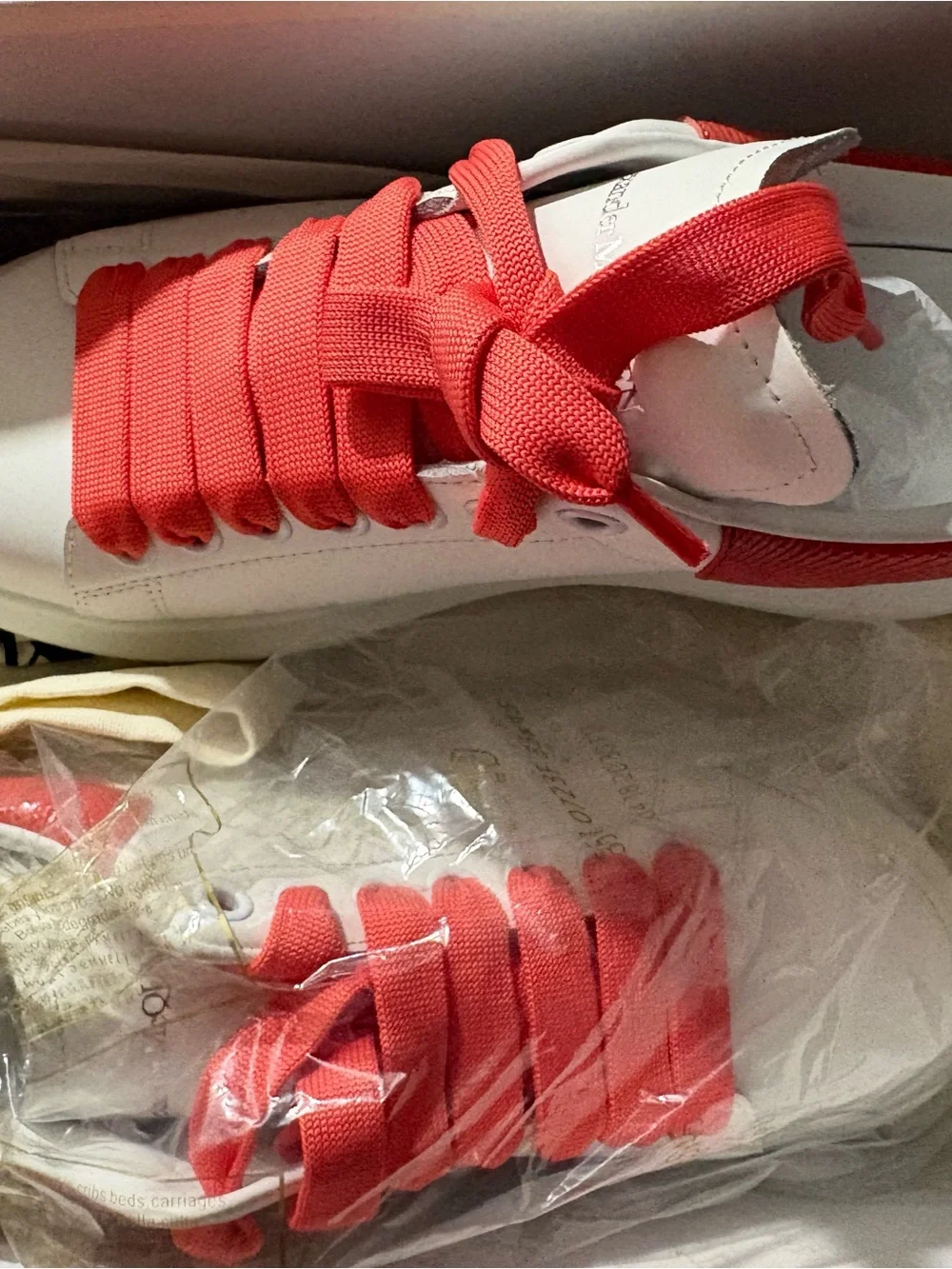 Women Alexander McQueen White Sneakers with Coral Laces and Heel Accent